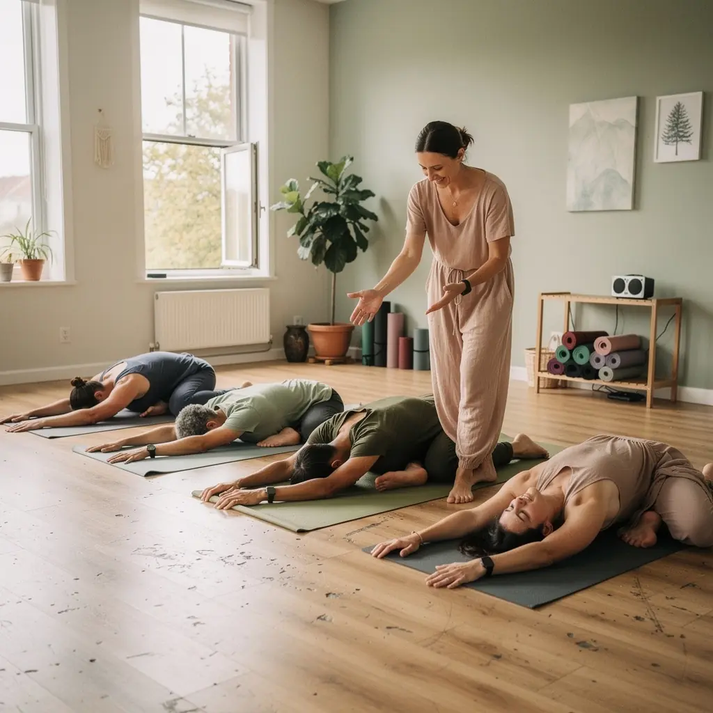 Grupa uczestników praktykujących jogę w spokojnym otoczeniu.