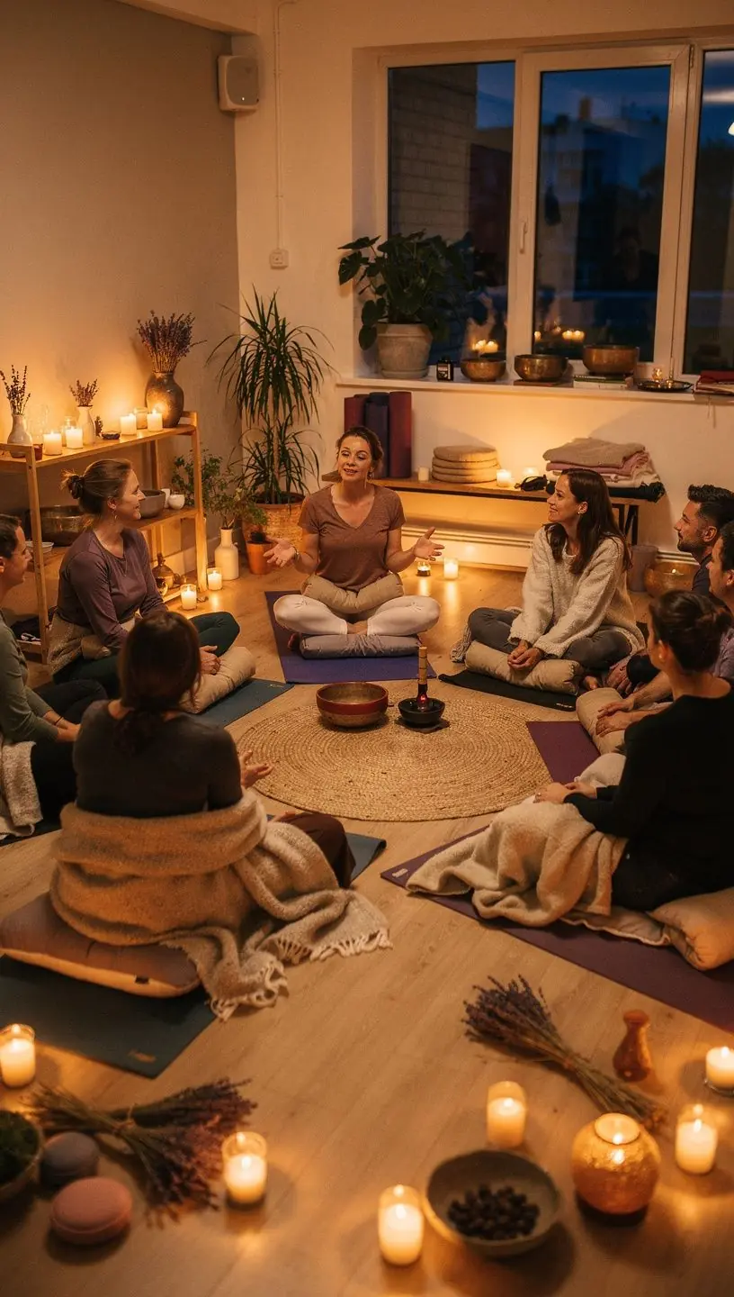 Widok na jasne, przestronne studio jogi z naturalnym światłem.